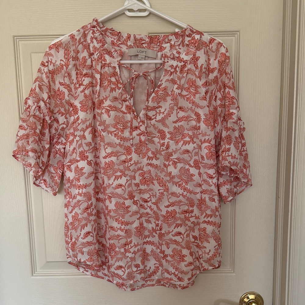 LOFT White Blouse with Coral Floral Print and Tie Neck